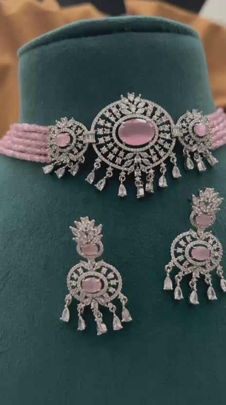 Pastel Pink American Diamond Choker Set with Dangling Drops